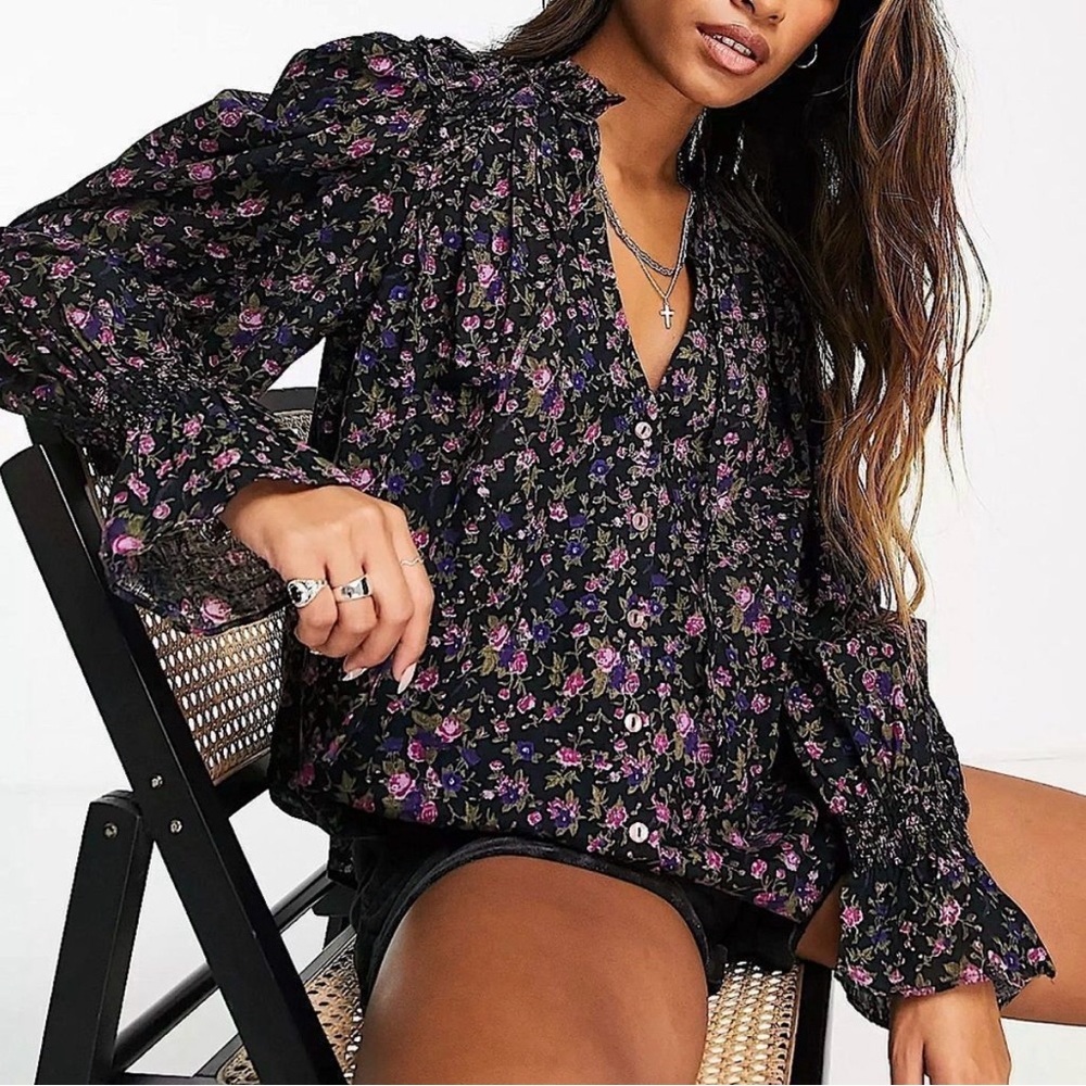 Free People Meant to Be Black Floral Blouse